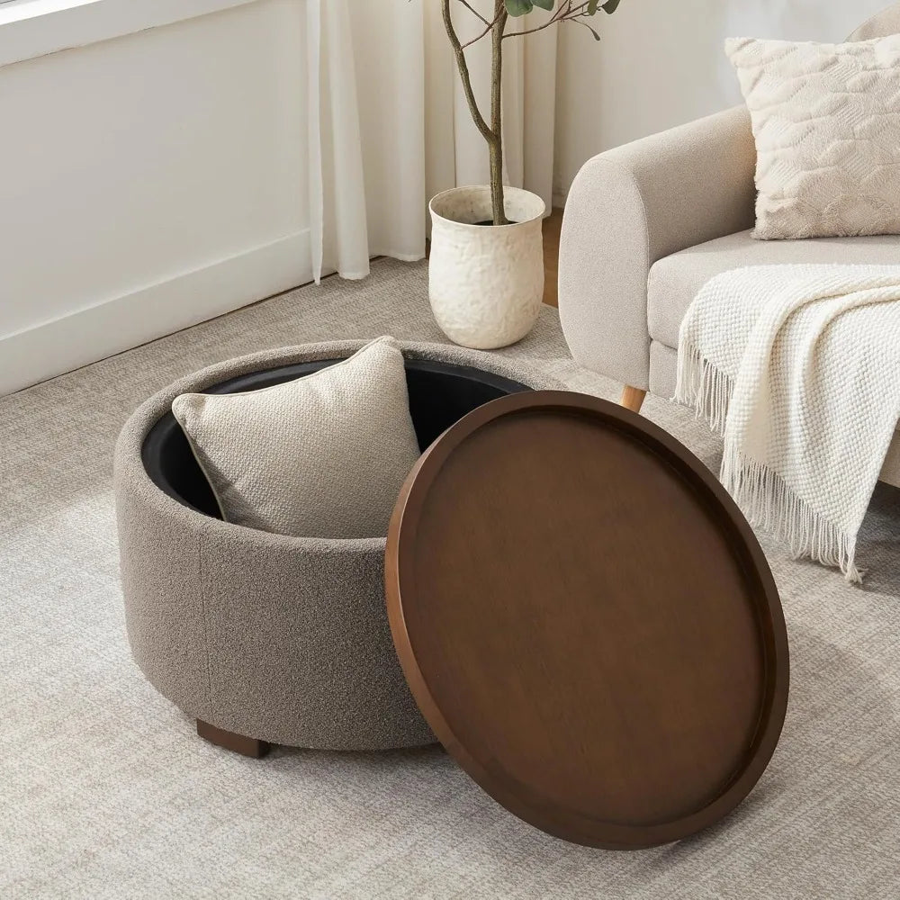 30 Inch Round Storage Ottoman Coffee Table Modern Boucle with Wood Legs