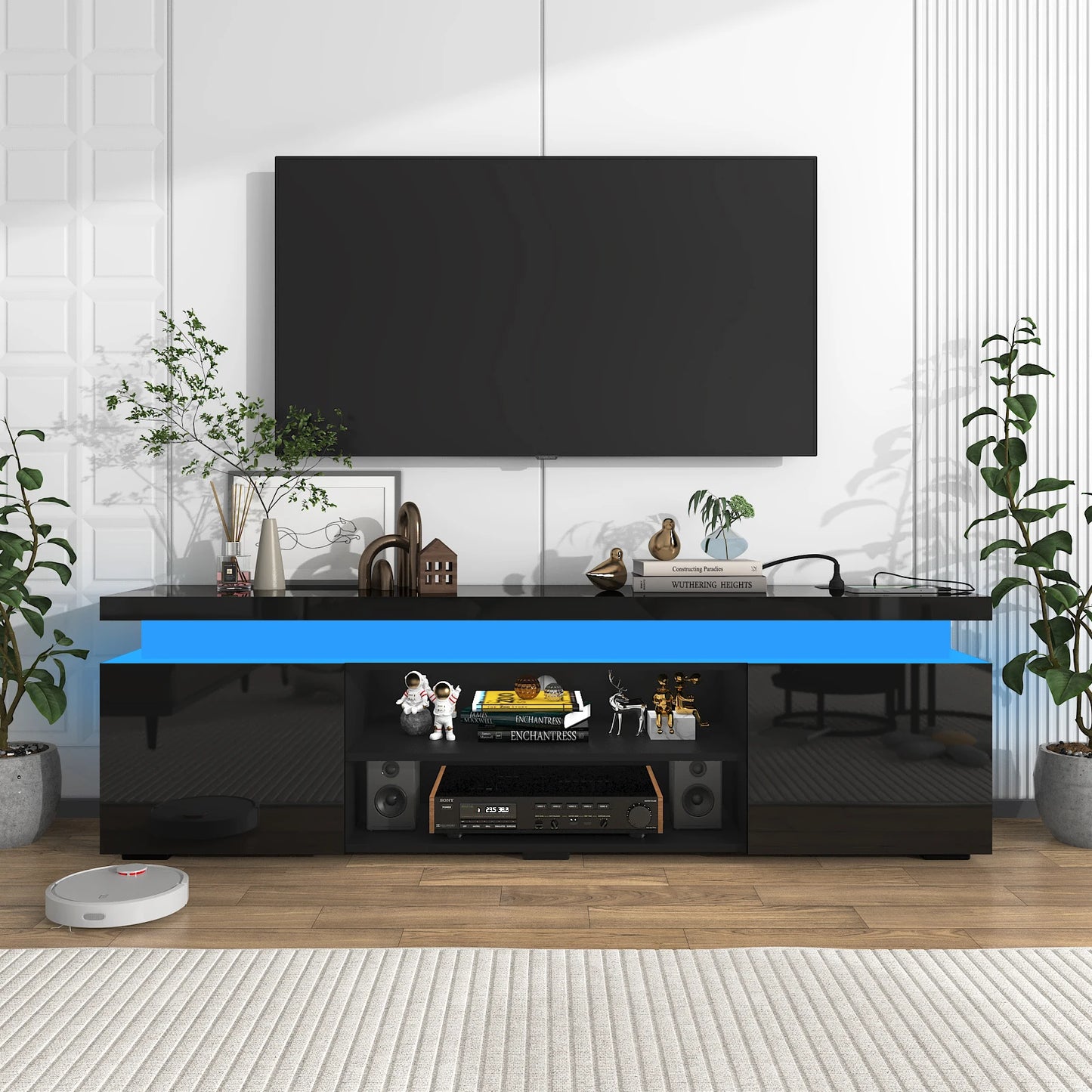 66 Inch LED TV Stand Modern Gaming Cabinet with Power Outlet Storage