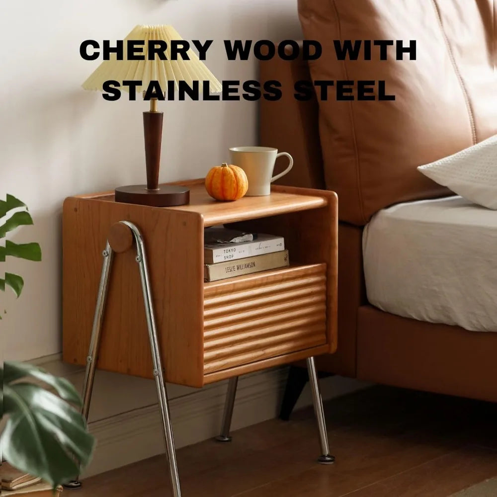 Solid Cherry Wood Nightstand Bedside Table Mid Century Modern Storage