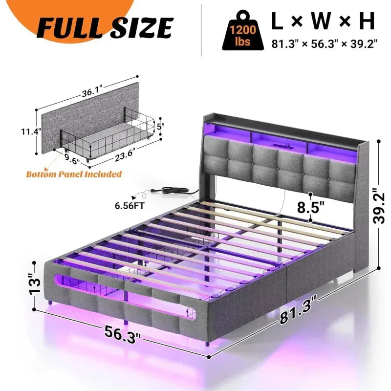 Ljustra Upholstered Full Bed Frame with Storage Headboard and LED Light