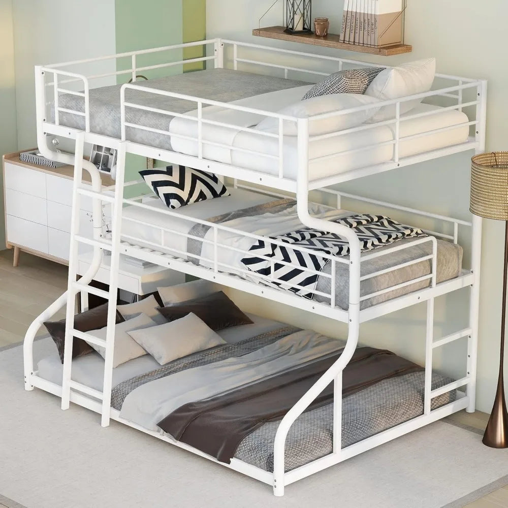 Triple Metal Bunk Bed Full XL Twin XL Queen Frame with Guardrails