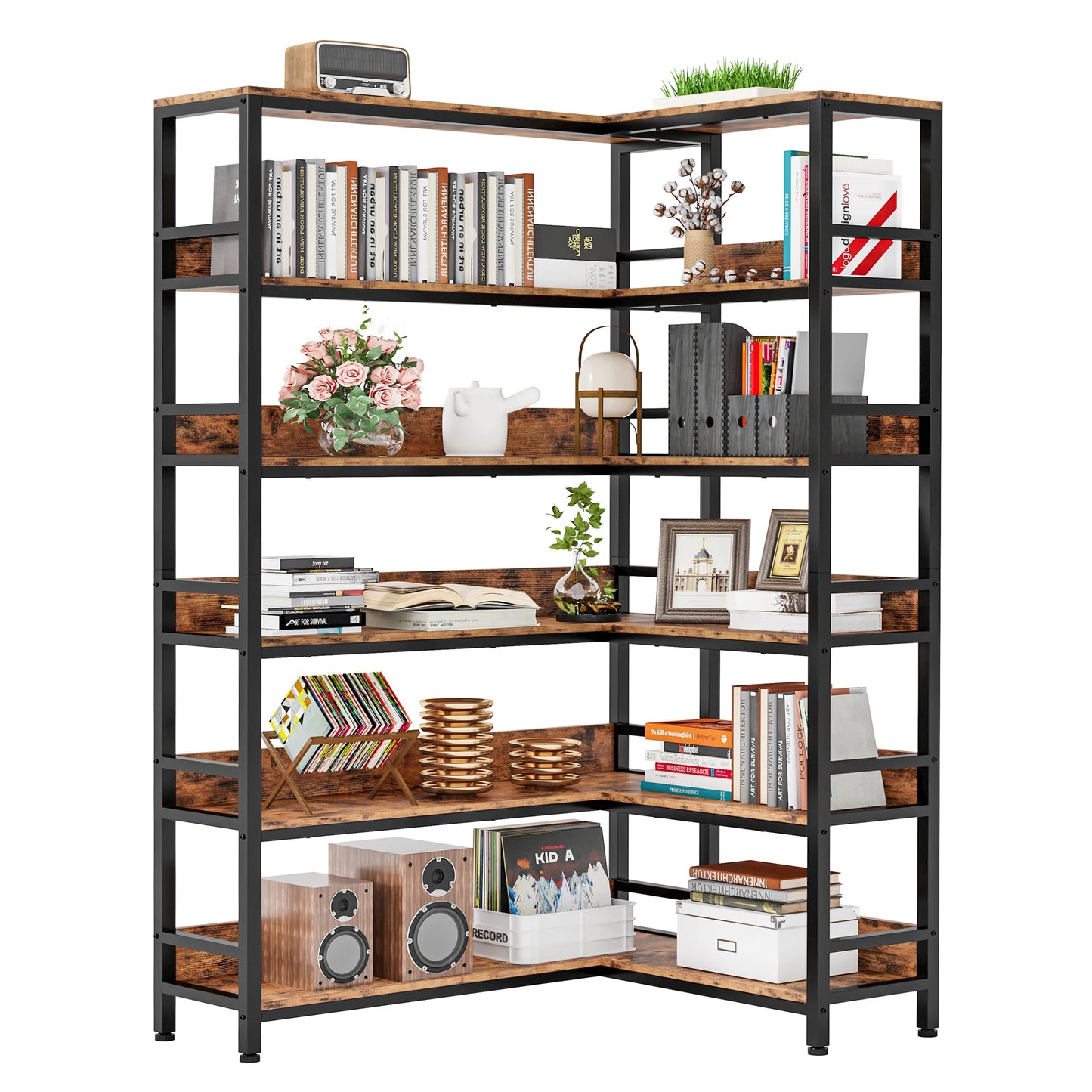Ljustra Industrial 6 Tier Corner Bookshelf Etagere Metal Frame Storage Rack