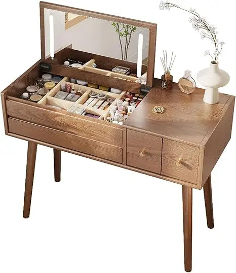 Makeup Vanity Desk with Mirror 3 Lighting Modes Solid Wood 4 Drawers