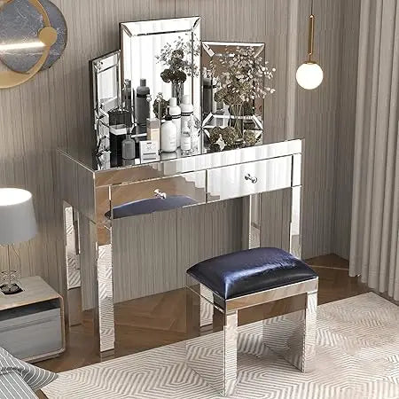 Silver Mirrored Makeup Vanity Desk with 2 Drawers for Women and Girls