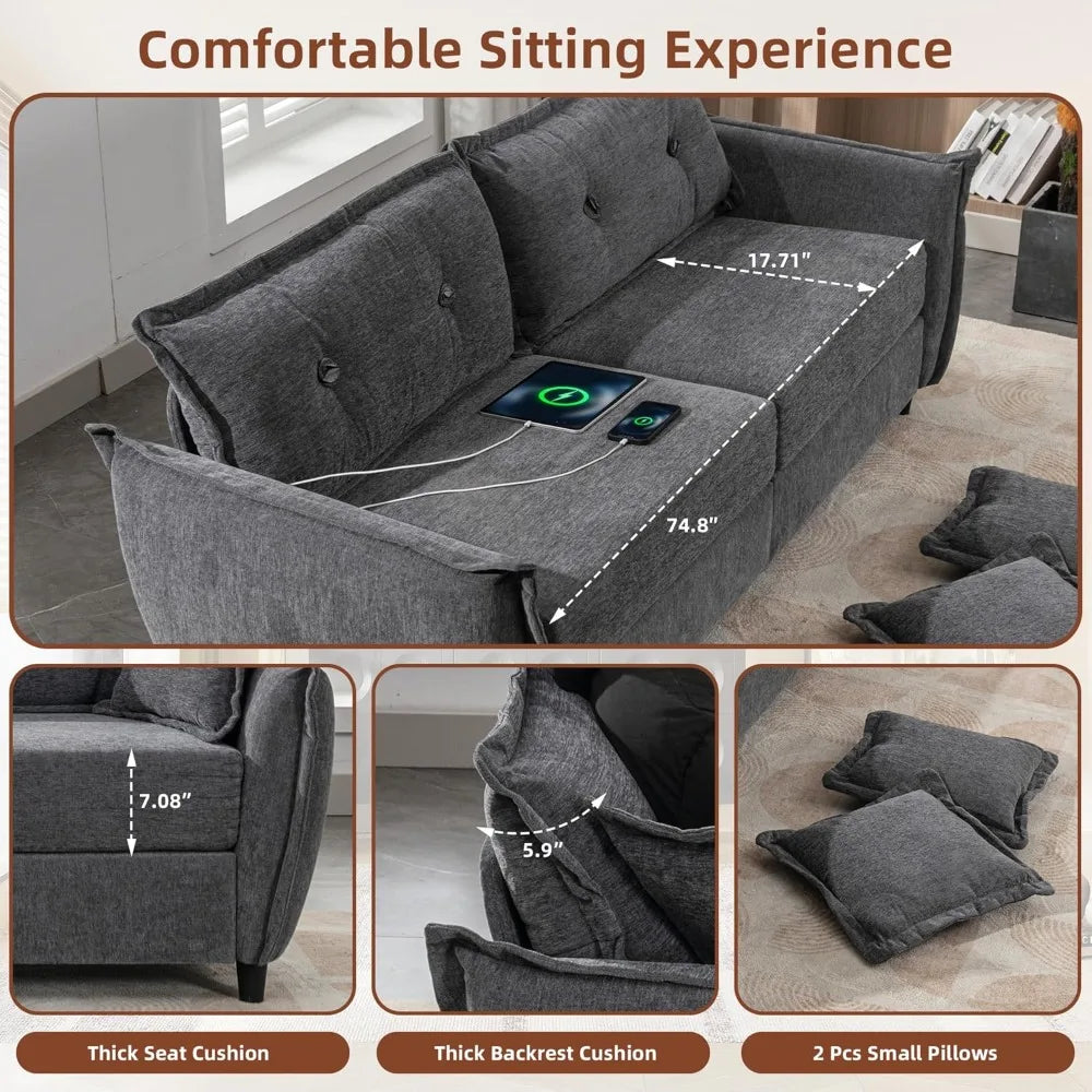 Ljustra 85 Inch Grey Comfy 3 Seat Couch with USB Ports for Small Spaces