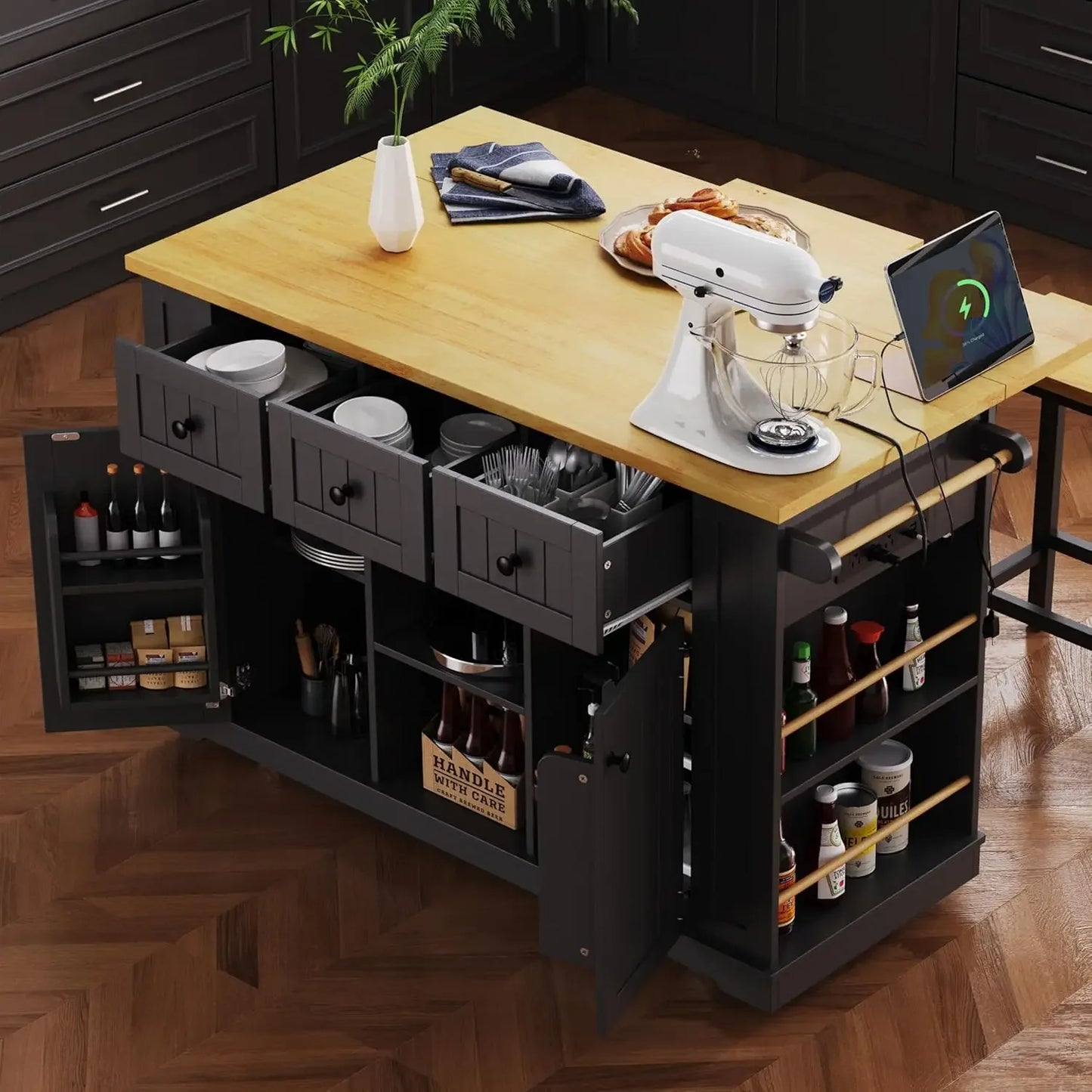 Kitchen Storage Island on Wheels with Drop Leaf Power Outlet Rolling Cart