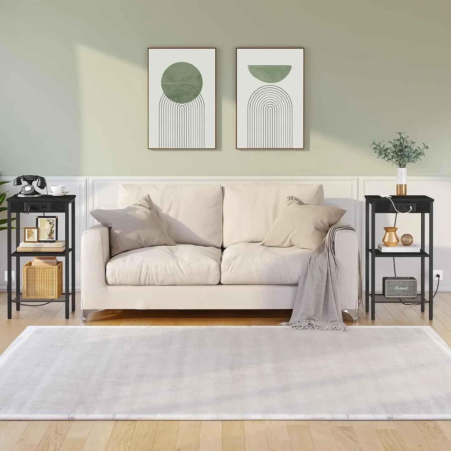 Tall End Table with Charging Station 3-Tier Nightstand Side Table