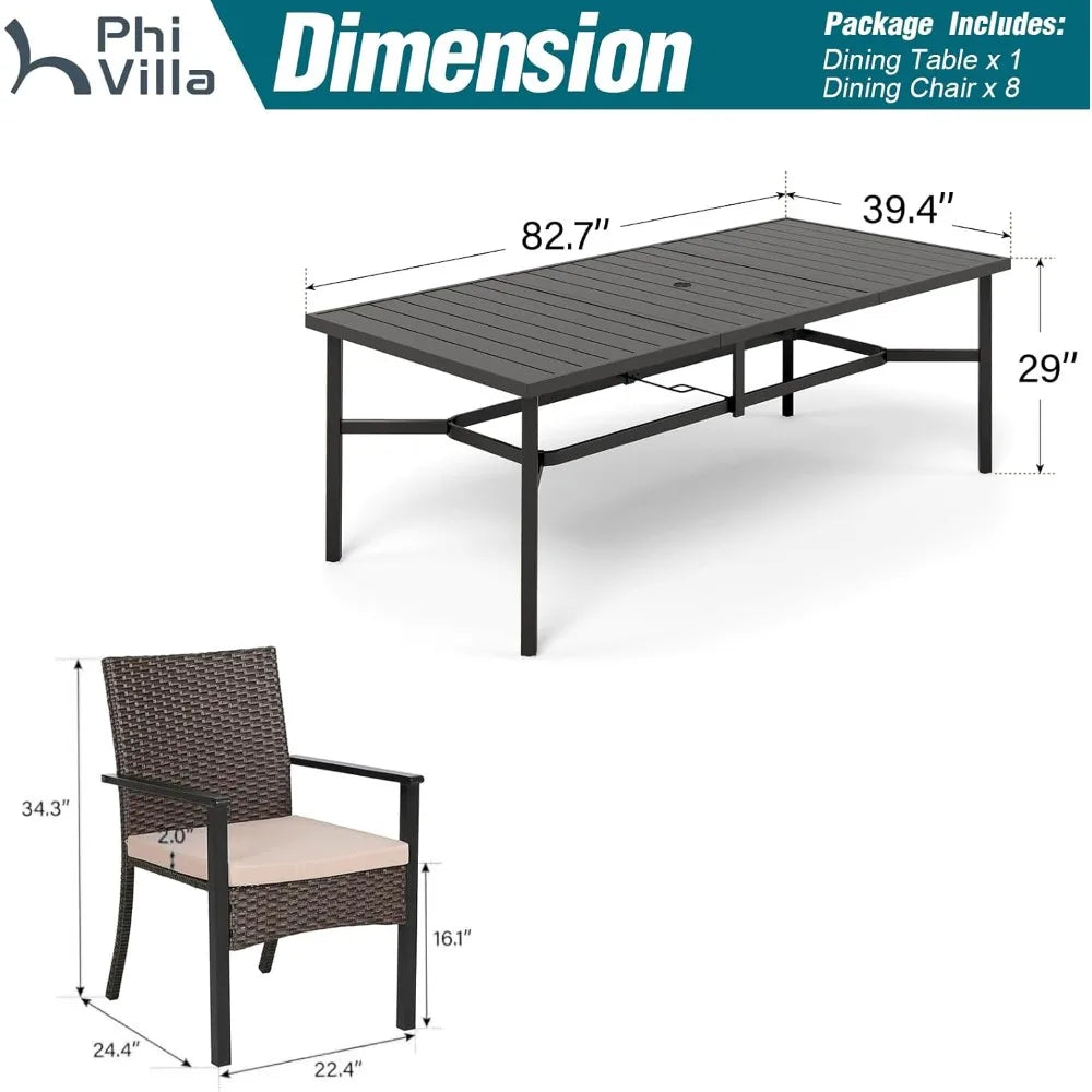 9 Piece Outdoor Dining Set for 8 with Wrought Iron Table and Wicker Chairs