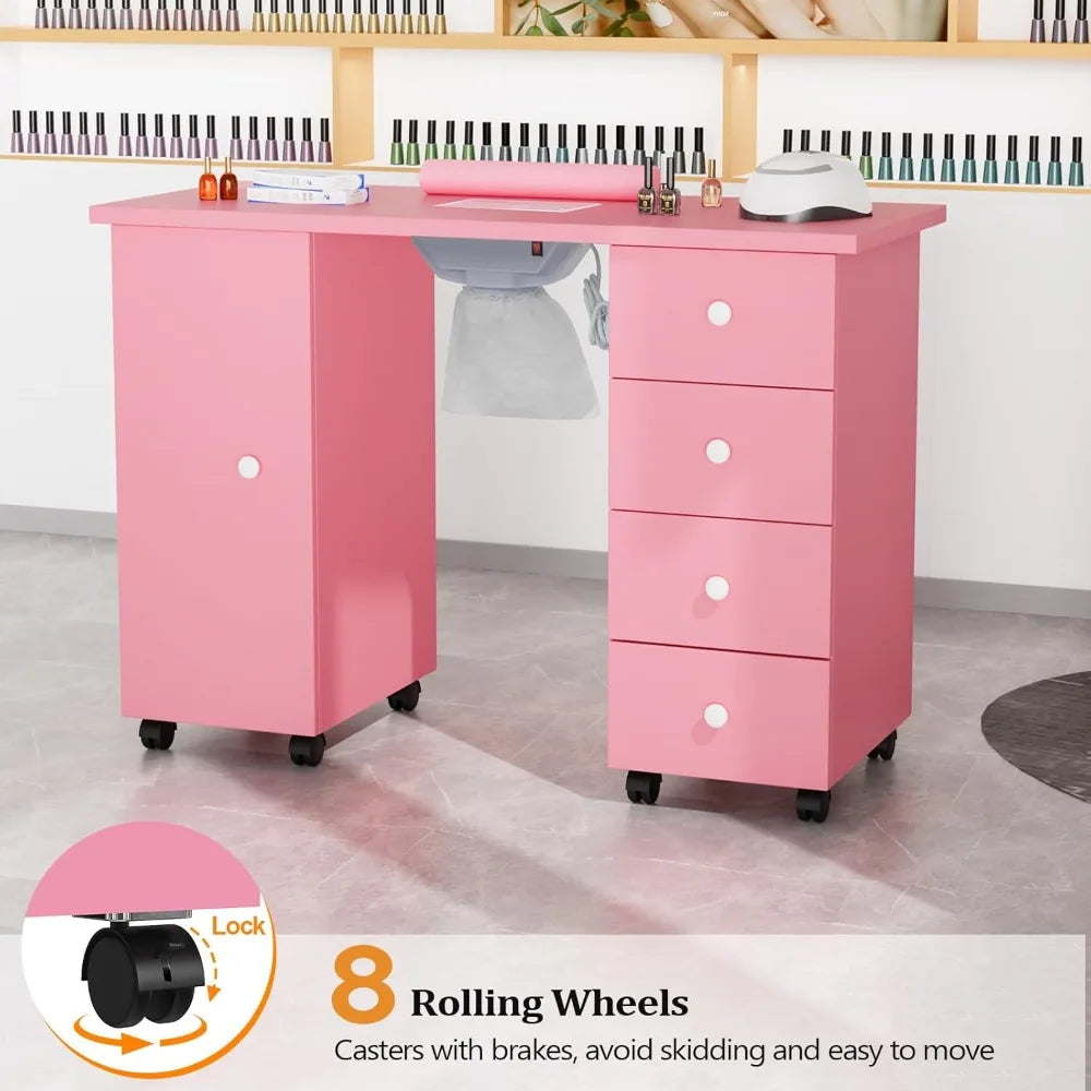 Manicure Table Nail Desk with Electric Downdraft Vent Lockable Wheels