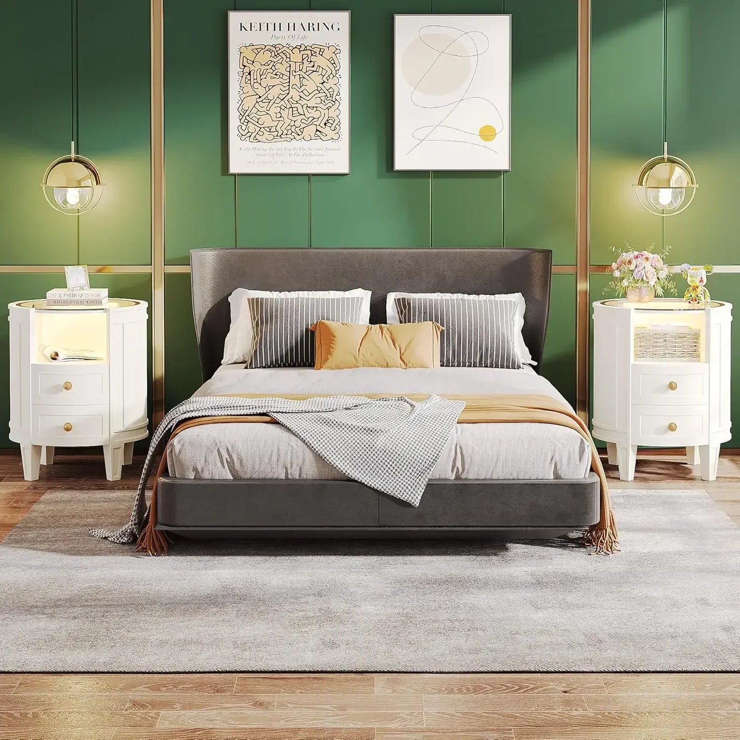 Set of 2 Nightstands with LED Glass Top Modern Bedside Table Storage
