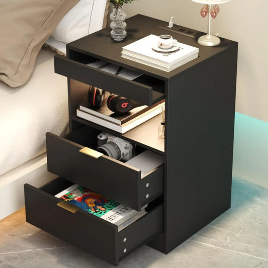 LED Nightstand with Charging Station and Drawers for Bedroom Decor