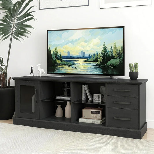 Farmhouse TV Stand Modern Wood Console Table with Glass Shelves and Drawers