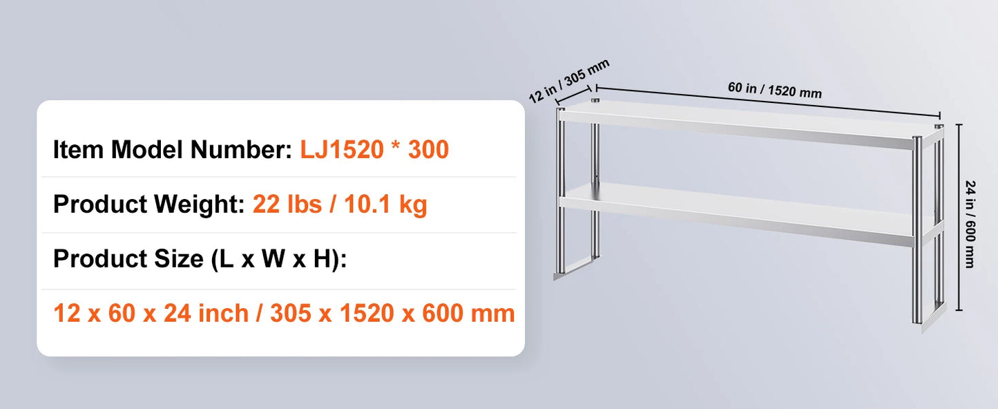 Ljustra Stainless Steel Kitchen Worktable with Adjustable Overshelf
