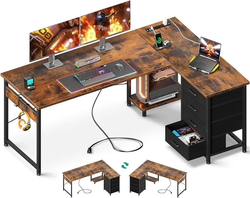 L Shaped Gaming Desk with Power Outlets and 4 Drawers for Home Office