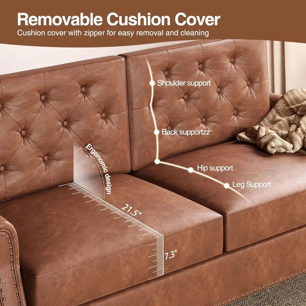 Ljustra Brown Couch 73 Inch Sofa Faux Leather Vintage Office Sofa