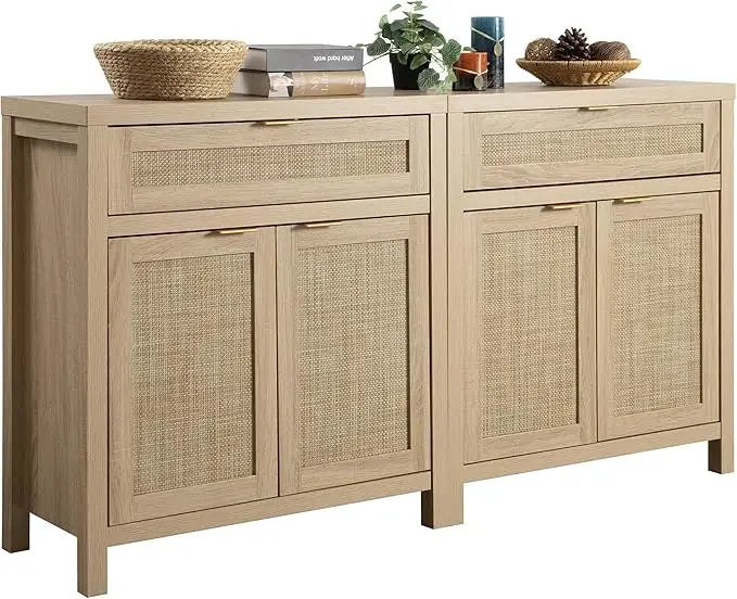 Buffet Storage Cabinet 2-piece Set Bohemian Rattan Sideboard Console