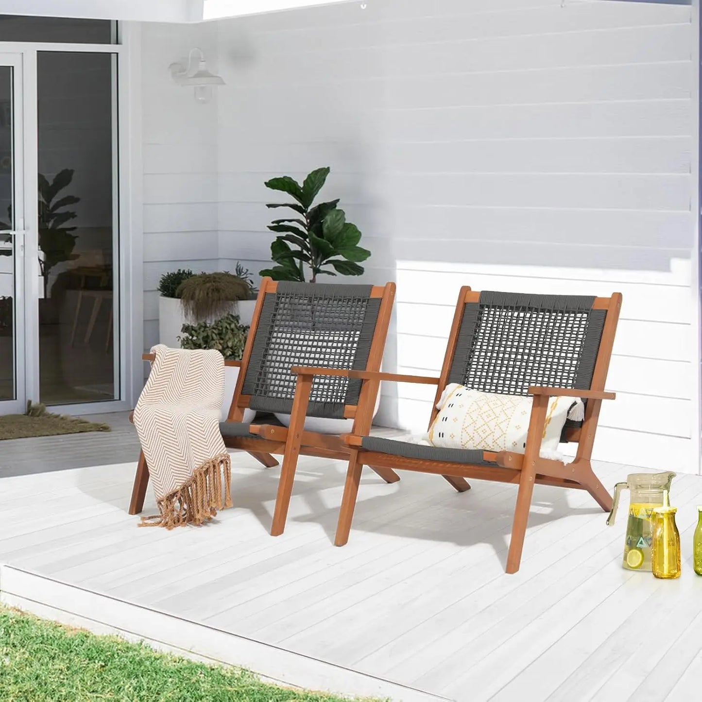 Modern Acacia Wood Lounge Chair Set of 2 Accent Armchair Outdoor Indoor