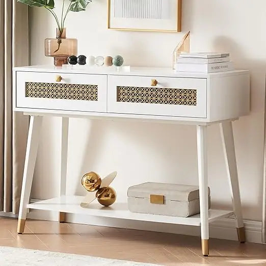 Mid Century Modern Console Table 2 Drawers Open Shelf Entryway Living Room