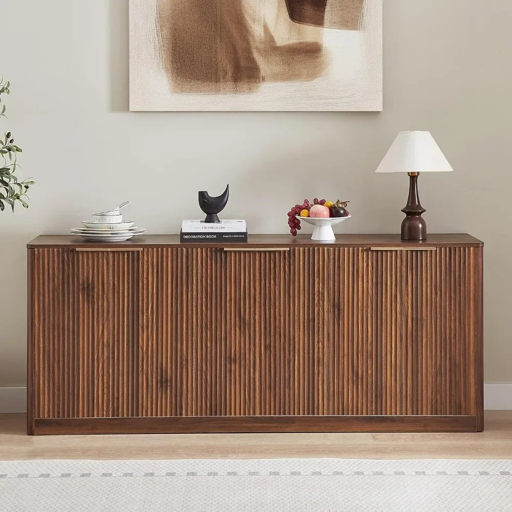 67 Inch Walnut Fluted Sideboard Buffet Cabinet with 6 Doors Storage