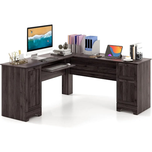 L-Shaped Office Desk with Storage Drawers & Keyboard Tray Home Office