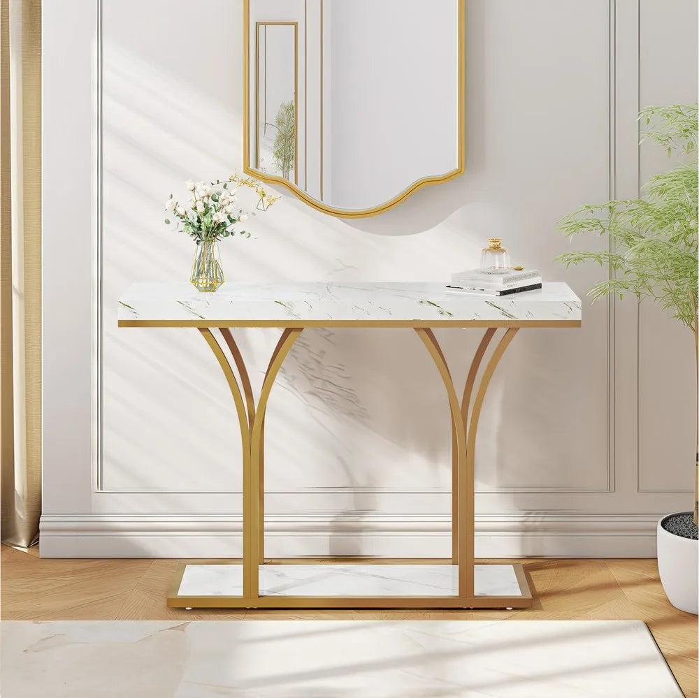 Gold Entryway Console Table with LED Lights Faux Marble Top 39 Inches