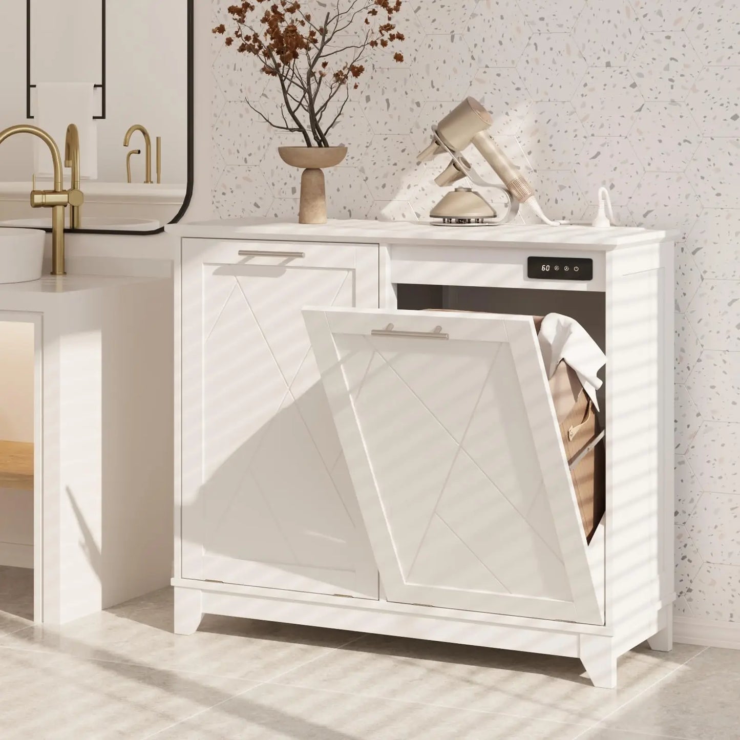 Tilt Out Trash Can Cabinet with Charging Station and Deodorizing Function