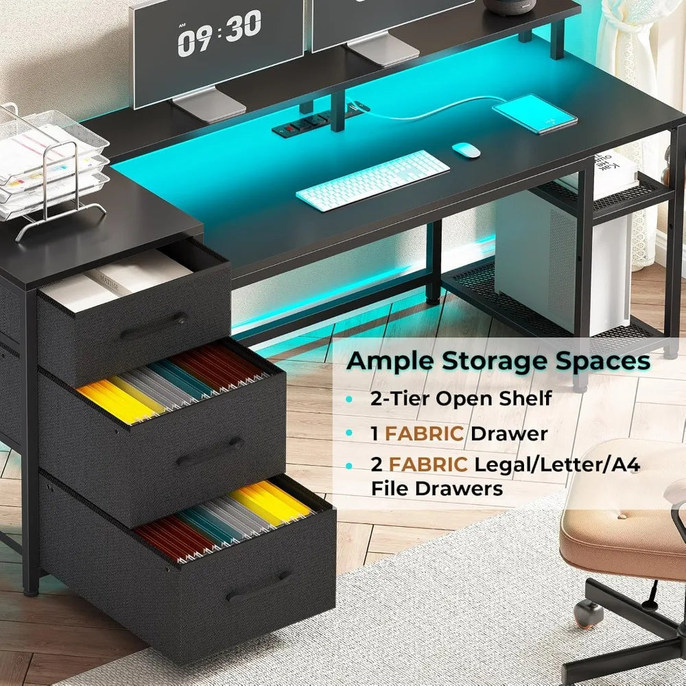 59 Inch Office Desk with Drawers Gaming Desk LED Lights Power Outlet