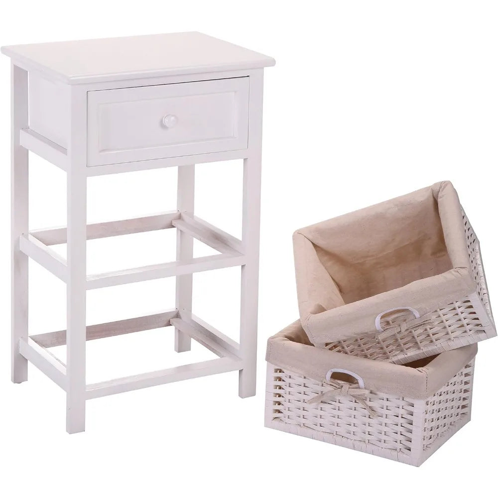 Set of 2 Nightstands with Wicker Baskets Fully Assembled Bedside Tables