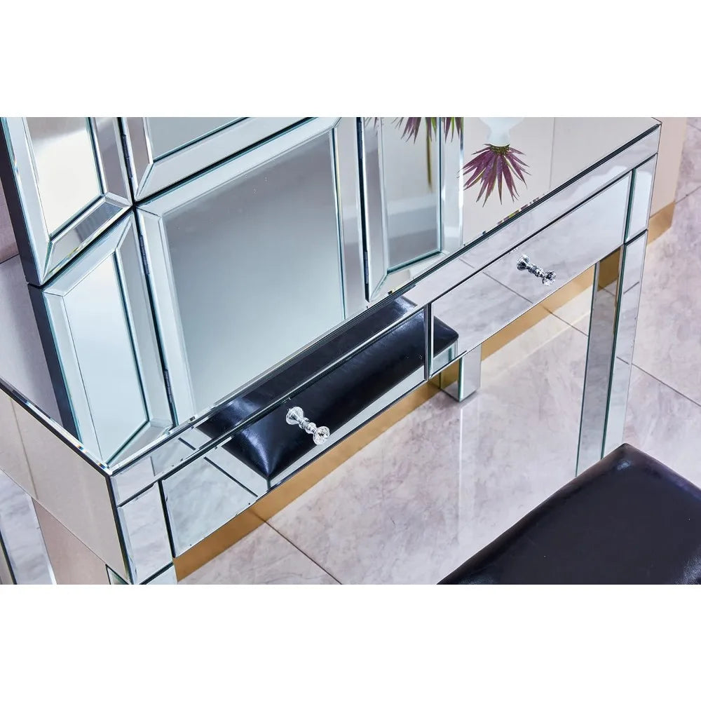 Silver Mirrored Makeup Vanity Desk Set with 2 Drawers for Women