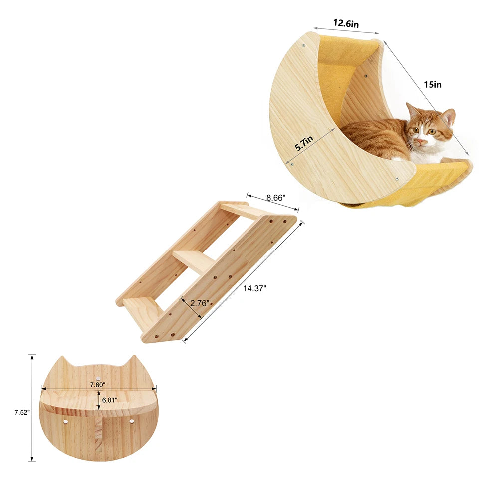 Cat Wall Shelf Moon Shaped Hammock Solid Wood Climbing Steps Indoor Furniture