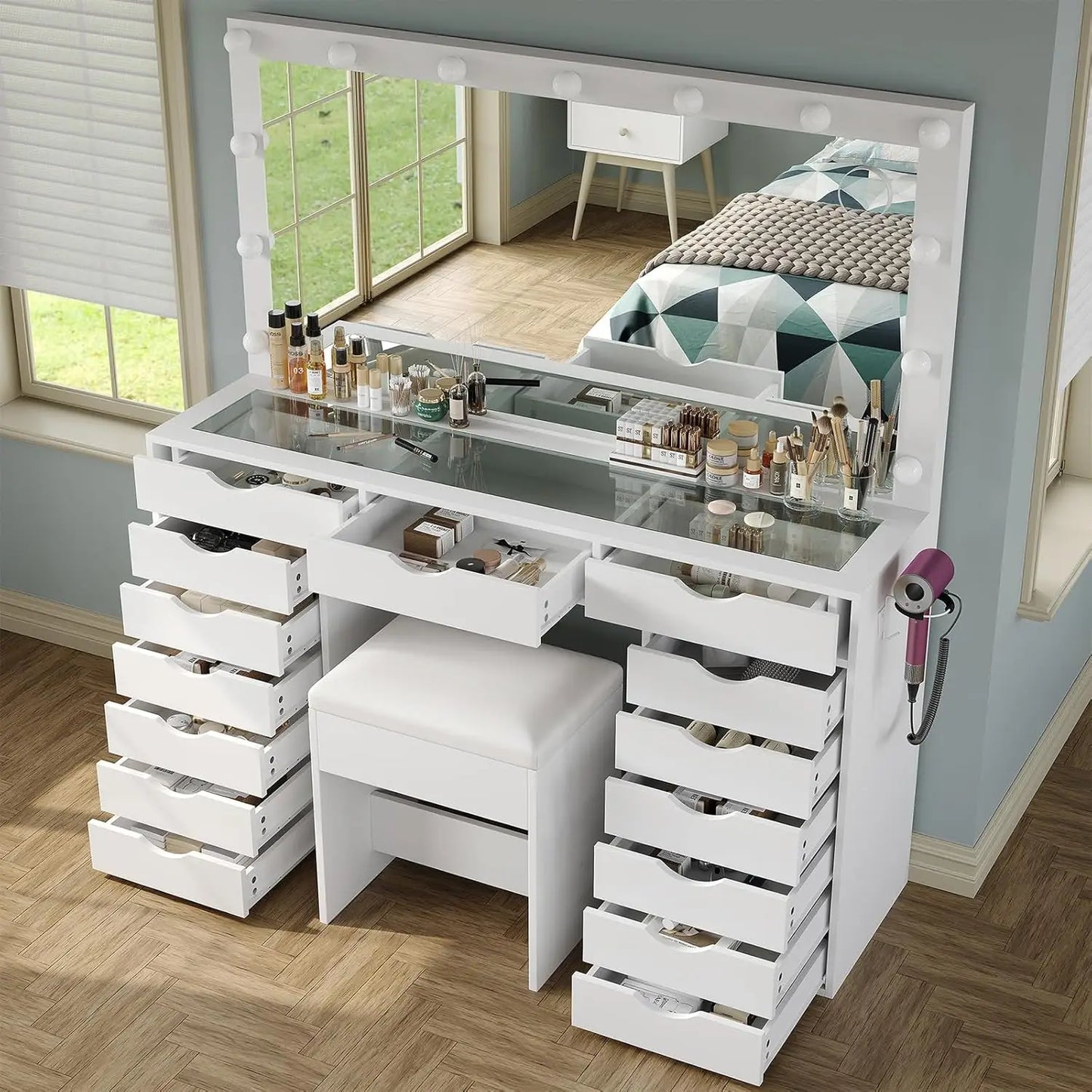 Vanity Desk with Mirror Lights Makeup Table Charging Station 15 Drawers
