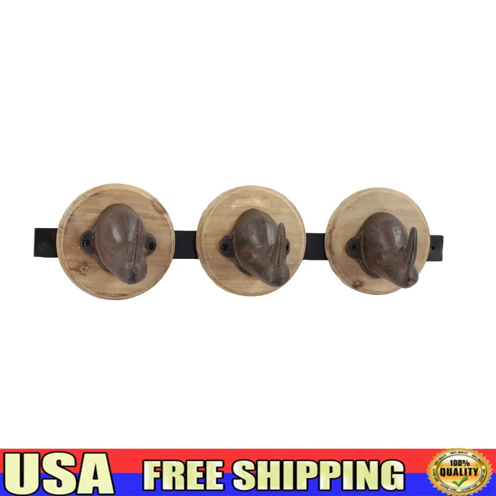 Wood and Metal Rhino Wall Mount Coat Rack with 3 Hooks Decorative Decor