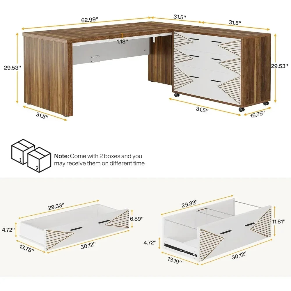 L-Shaped Executive Desk with Mobile Filing Cabinet for Home Office