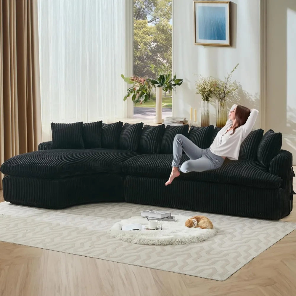 Ljustra Modern Curved L-Shaped 127'' Cloud Corduroy Sofa with Deep Cushions and Metal Frame