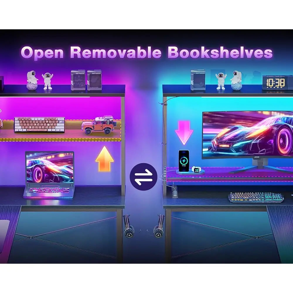 L Shaped Desk with LED Lighting Gaming Desk with Power Outlets Storage