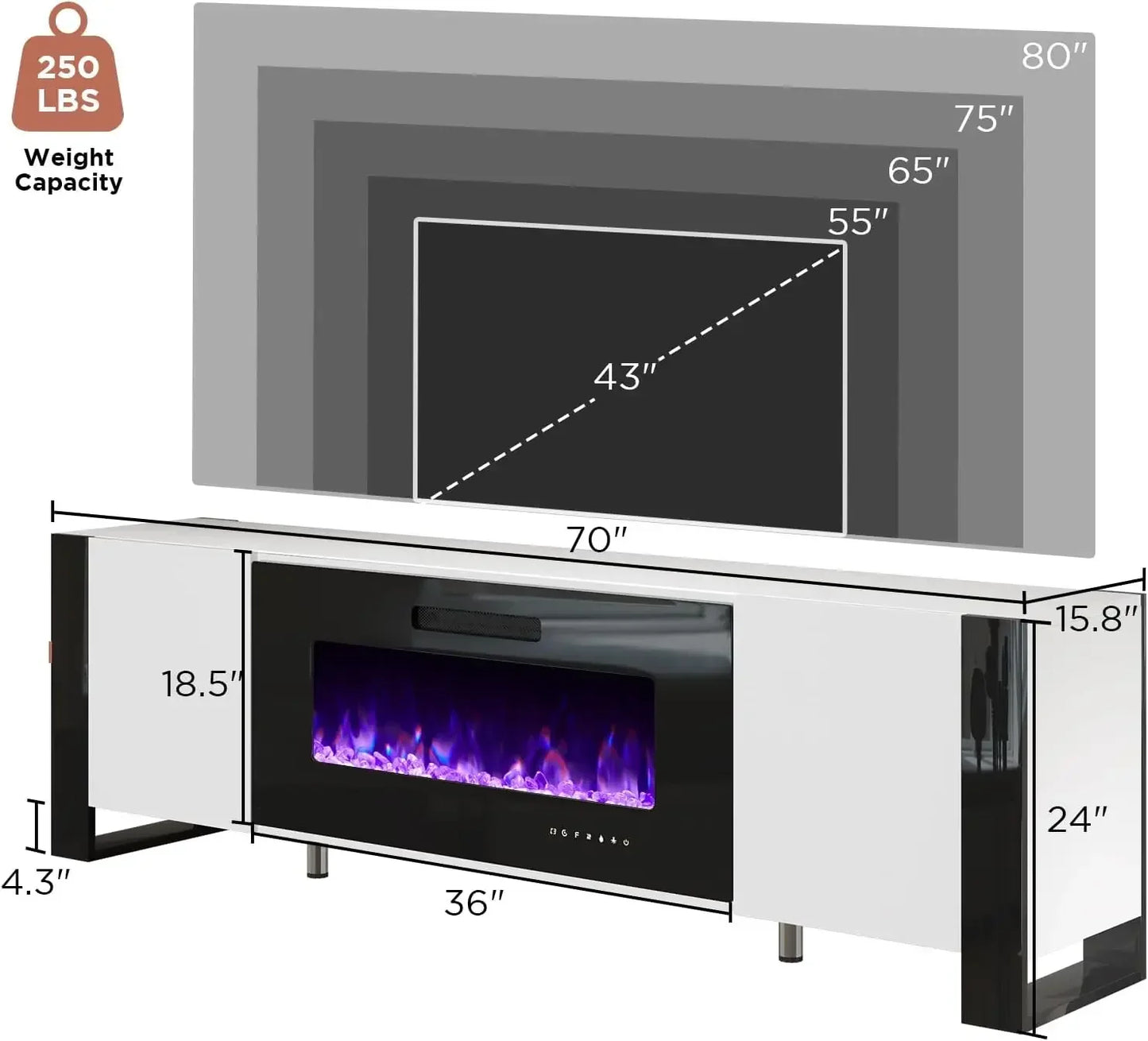 Fireplace TV Stand 70" Modern Entertainment Center with LED Lights