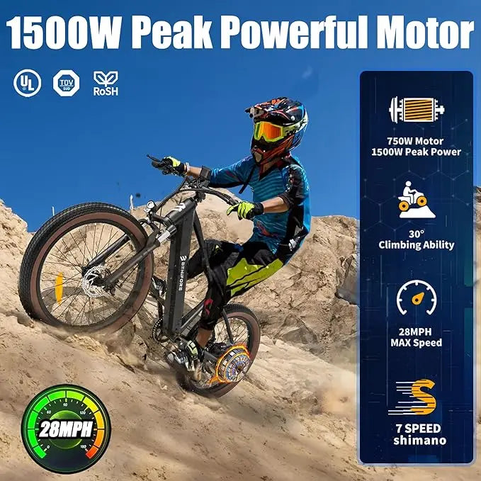 Luckeep C26 Electric Bike 1500W Peak 72 Miles 28 MPH Mountain E-Bike