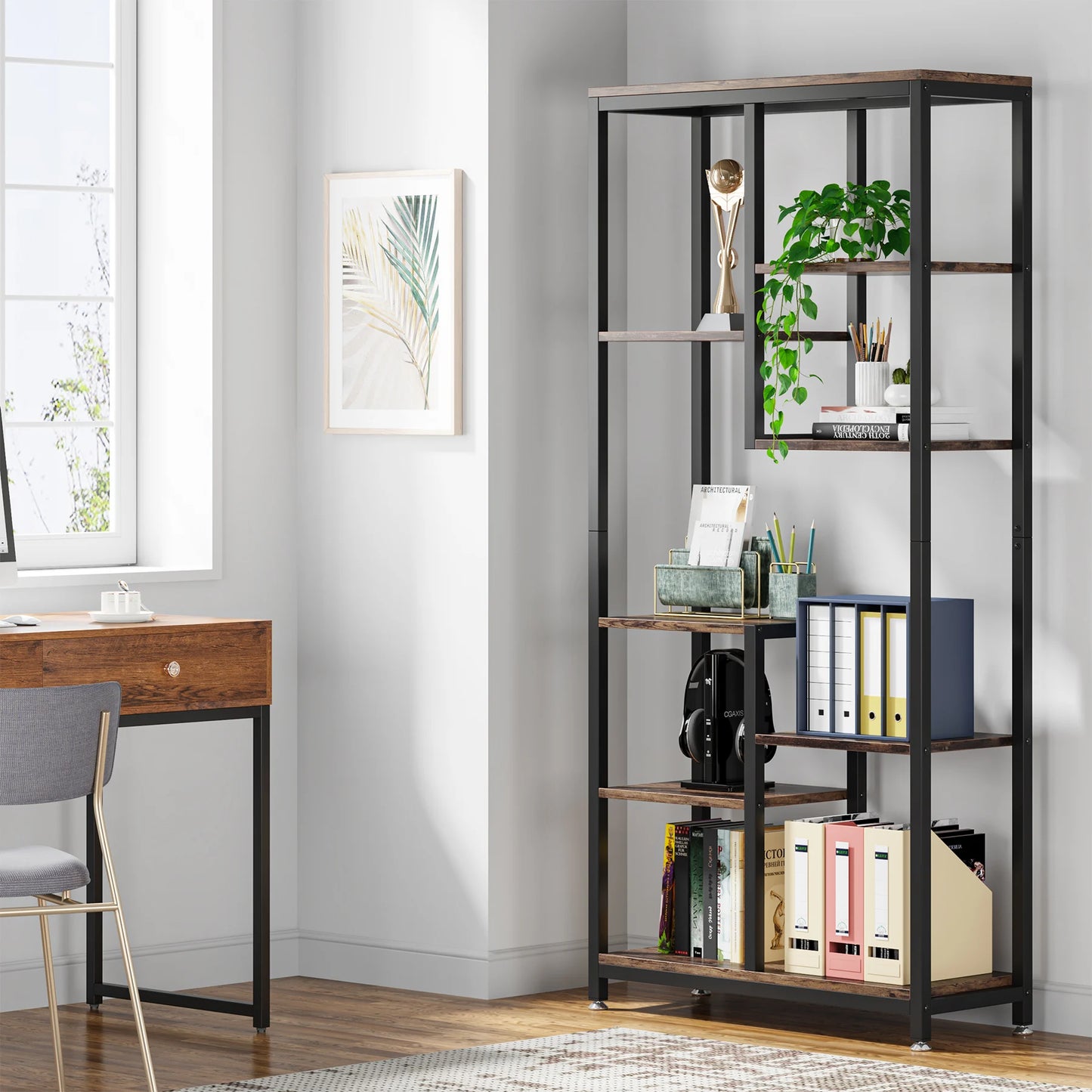 Ljustra Modern 8-Tier Staggered Bookcase Wide Wood Etagere Shelving Unit
