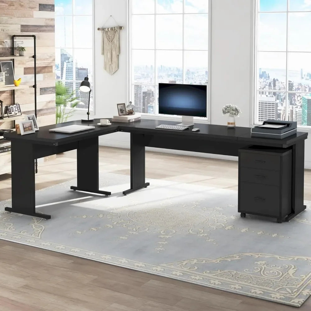 L-Shaped Executive Desk with Mobile File Cabinet Large Office Computer Desk