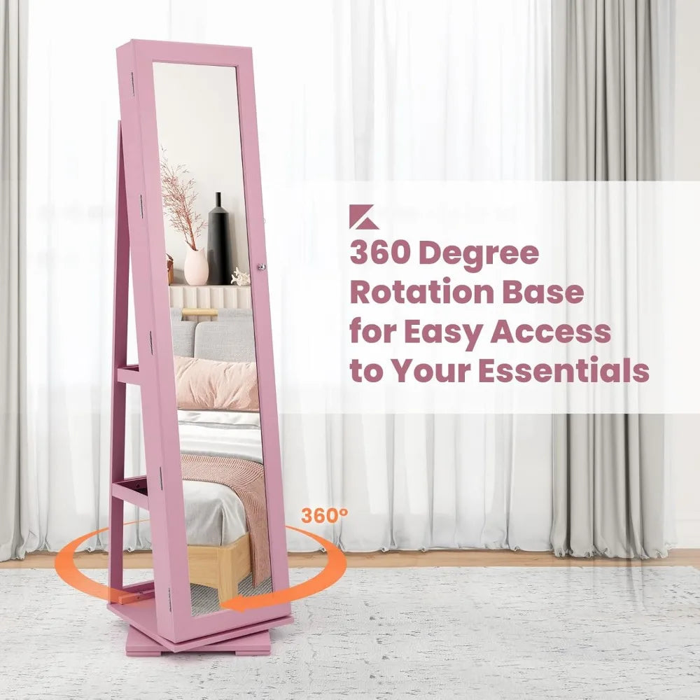 360° Swivel Jewelry Armoire Full Length Mirror Lockable Cabinet Organizer