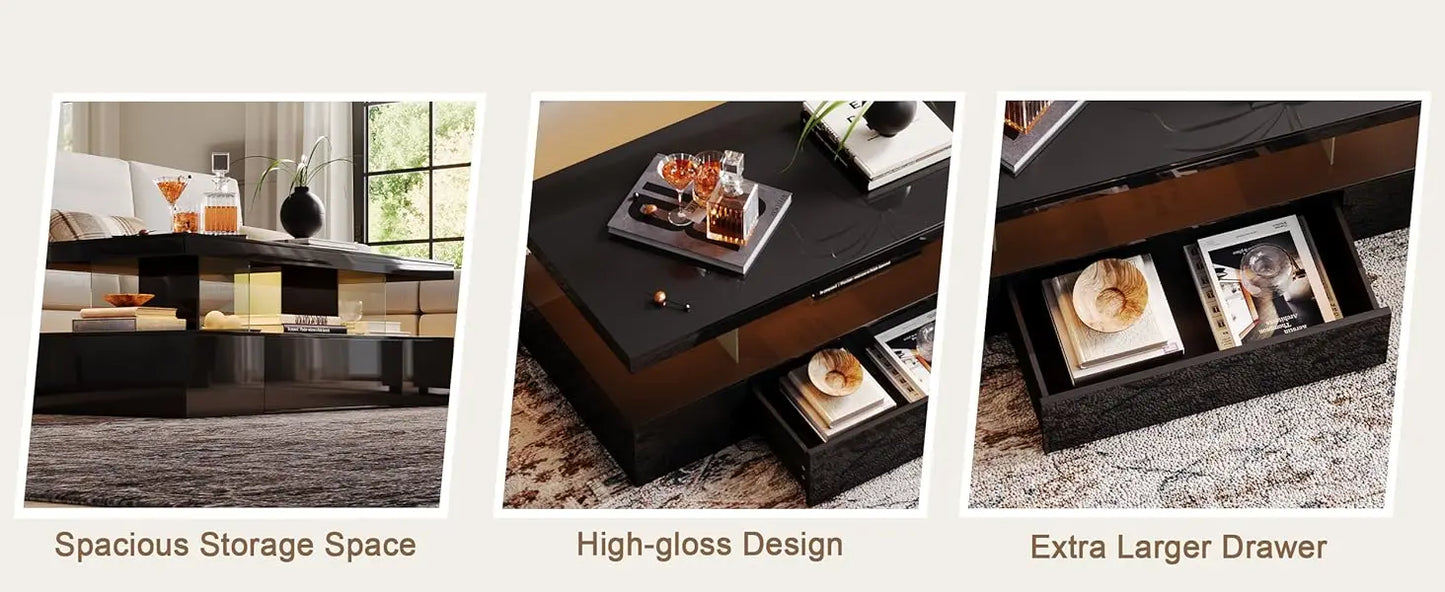 Modern LED Coffee Table High Gloss Storage Drawer Living Room Bedroom
