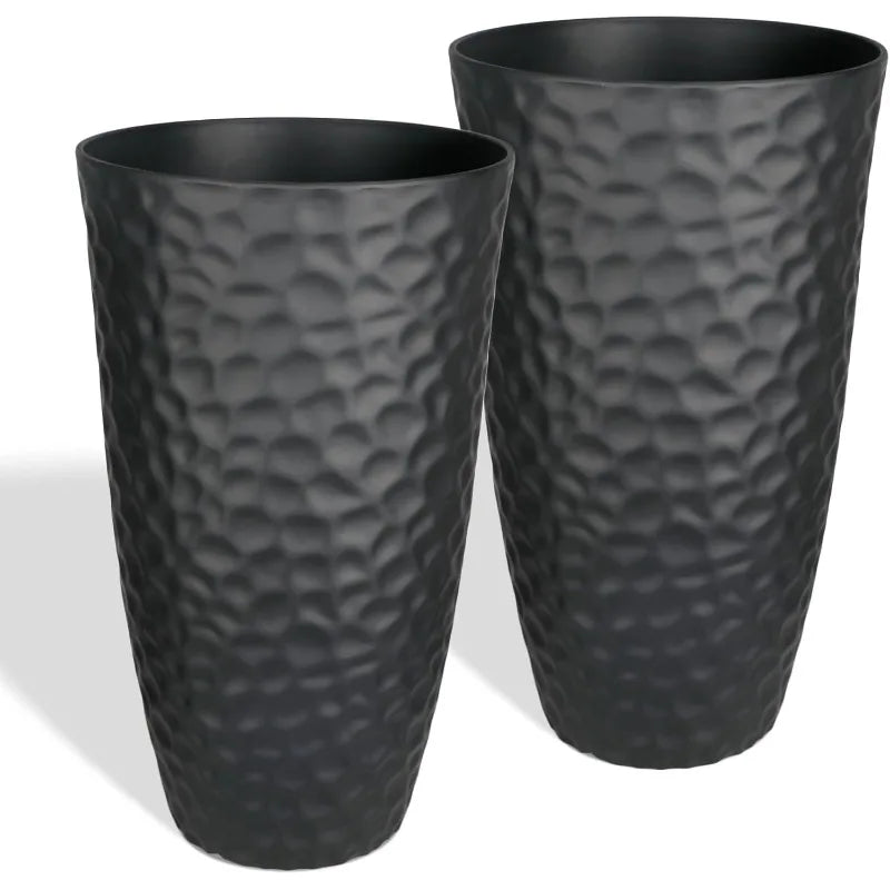 Garden Tall Hammered Texture Planters Set of 2 Matte Black Plastic