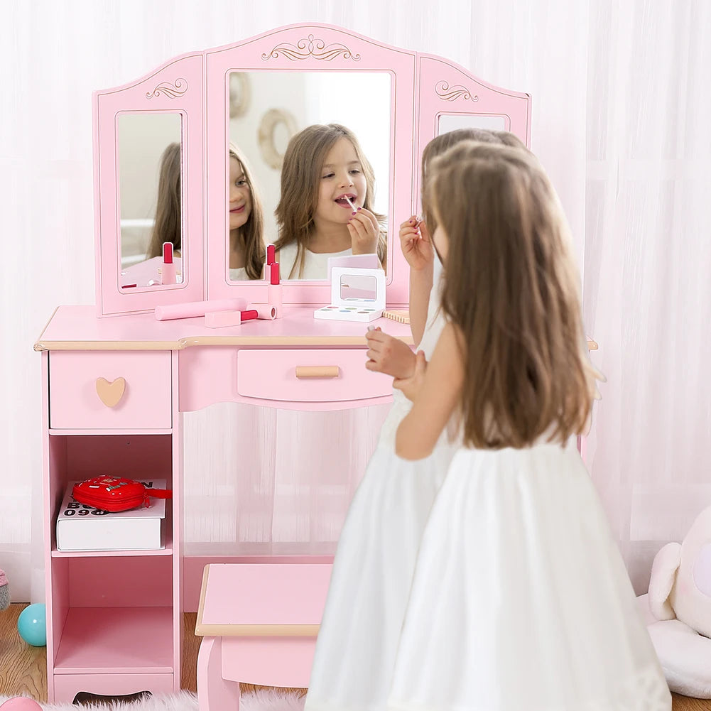 Girls Vanity Table and Chair Set Kids Makeup Dressing Table Wood Toy