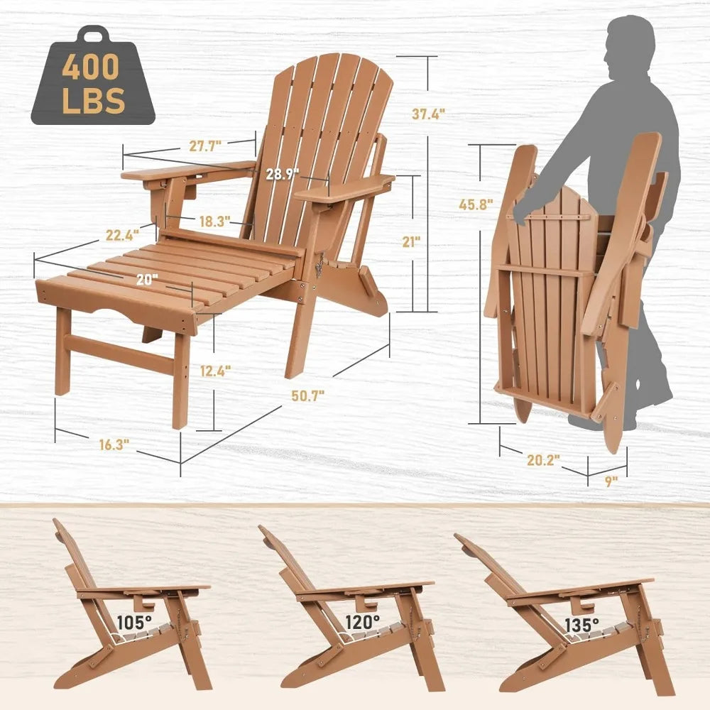 Adjustable Folding Adirondack Chairs Set of 2 with Ottoman Cup Holder