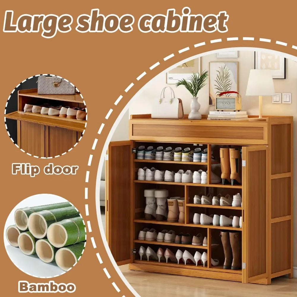 Bamboo Shoe Cabinet 8-Tier Freestanding Storage Organizer Rack for Shoes
