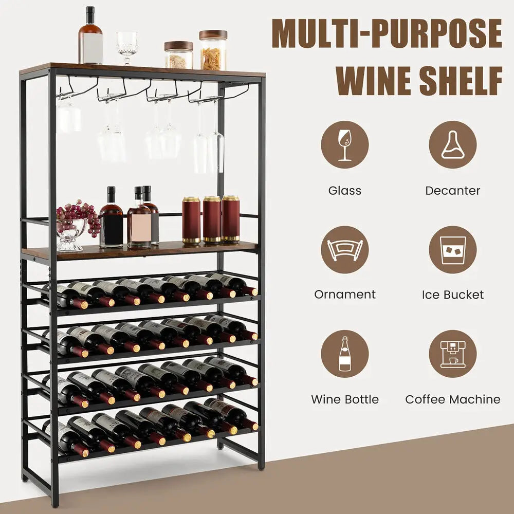 32 Bottle Wine Rack Rustic Freestanding Storage Holder with Glass Holder
