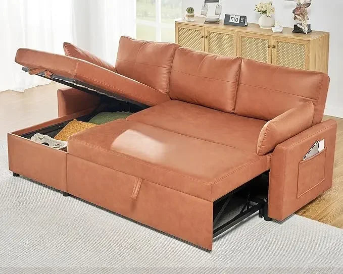 Modern Sleeper Sofa Bed with Storage Chaise & Pull-Out Couch | Bouclé Fabric 84” L-Shaped