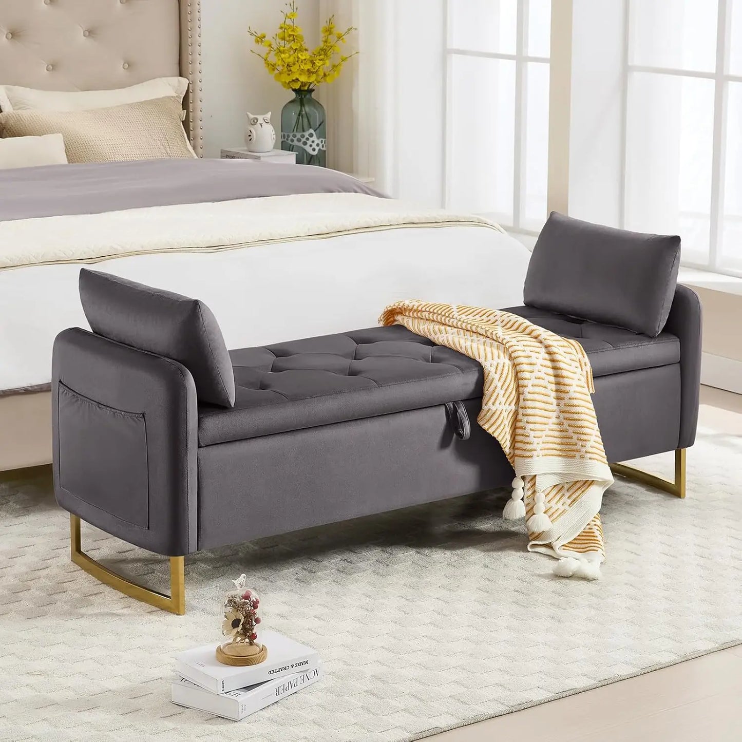 65 Inch Storage Ottoman Bench Tufted Upholstered End of Bed Furniture