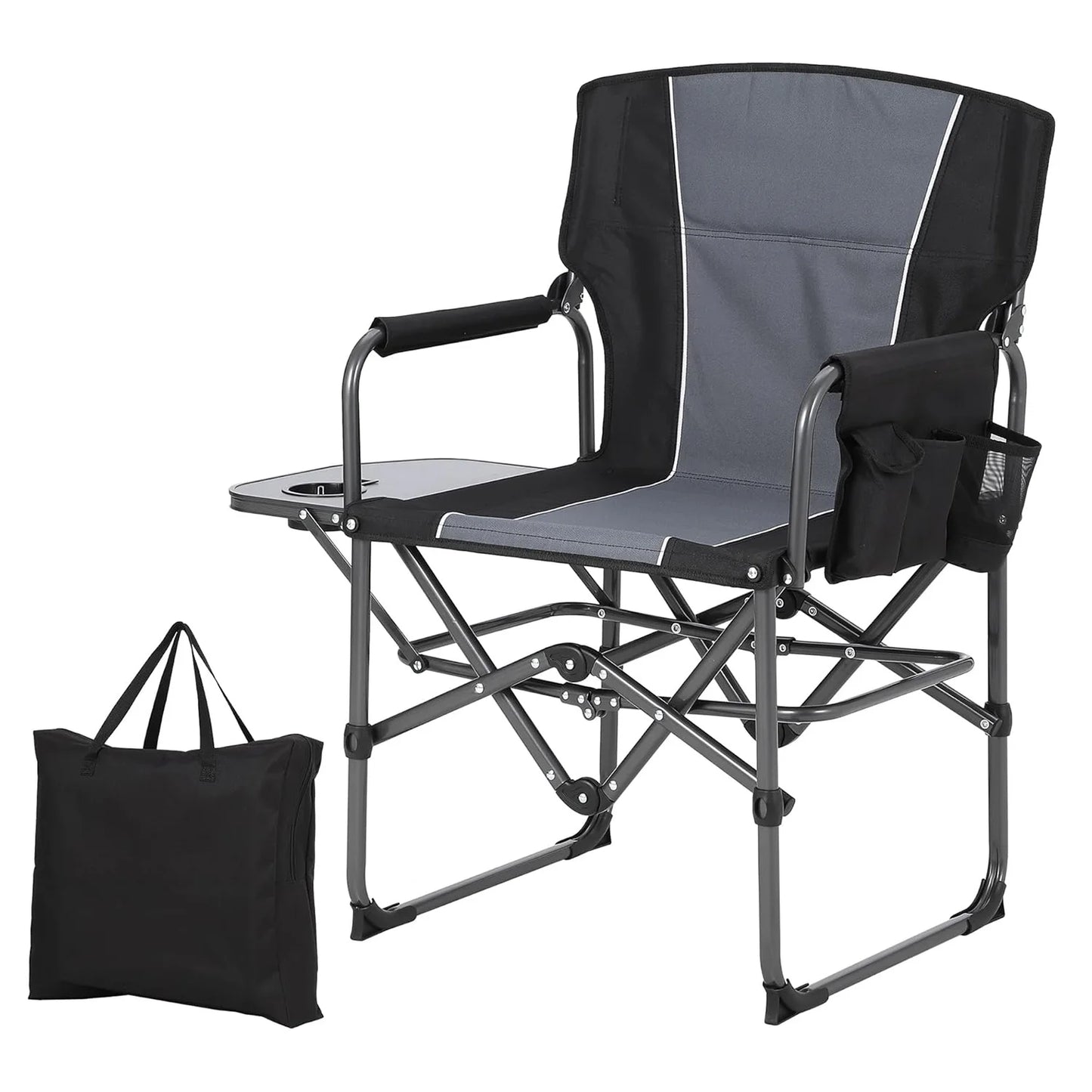 Folding Camping Chair with Side Table Pocket and Beverage Holder for Outdoors