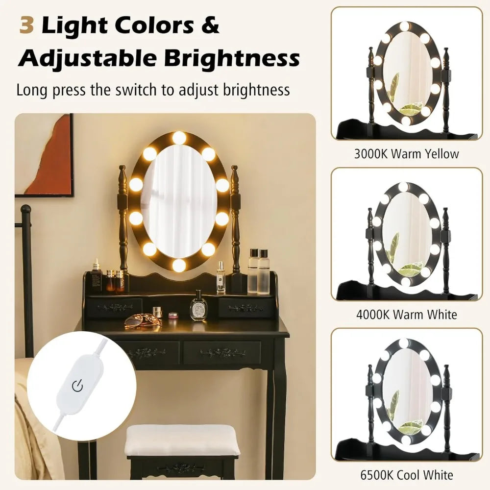 Vanity Table Set with Lighted Mirror Adjustable Brightness Storage